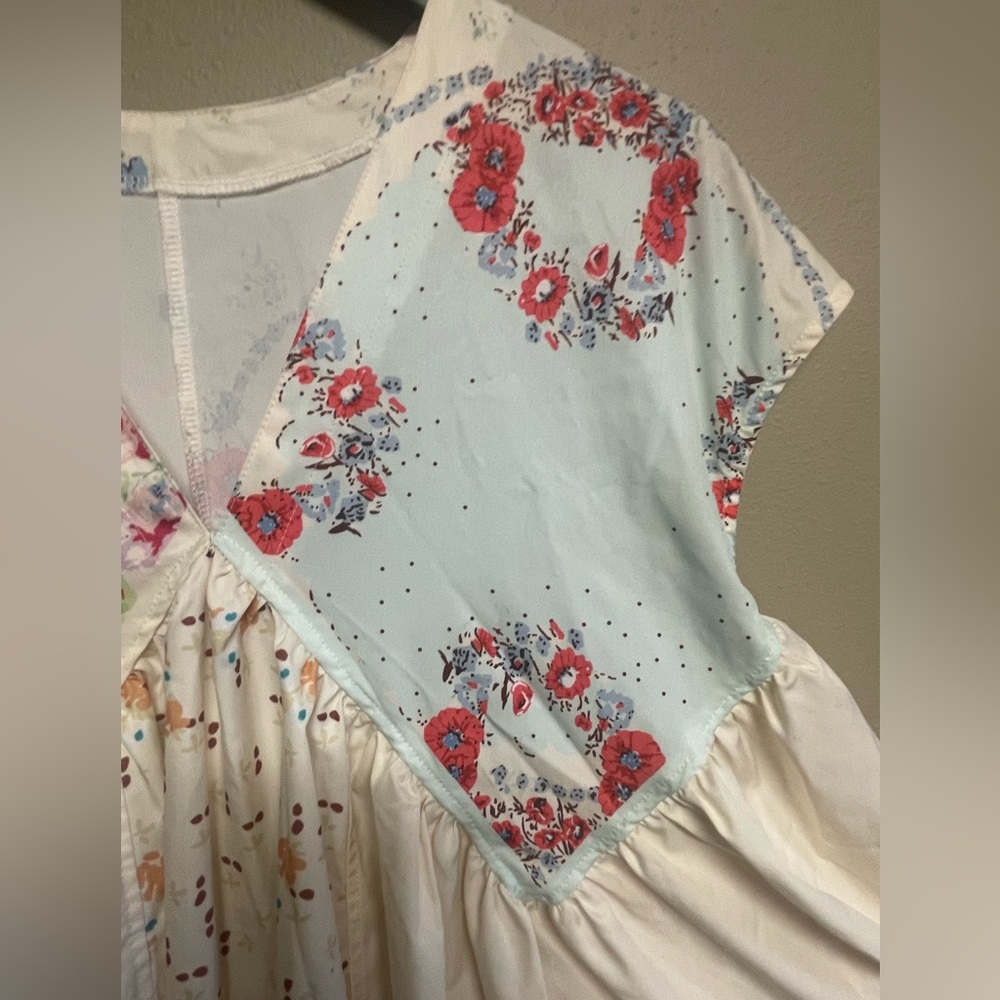 Floral Flowy Patchwork Boho Festival Deep-V Dress Tunic Summer Vacation Coverup - Picture 3 of 8